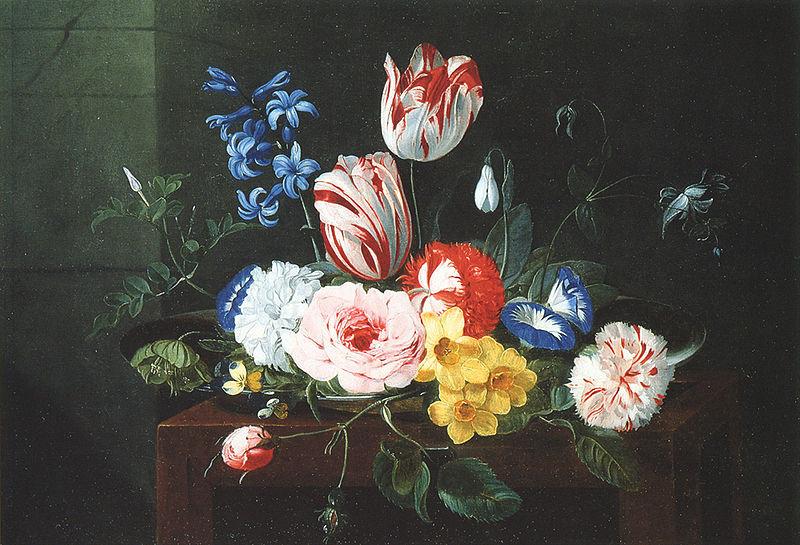 Jan van den Hecke Assiette de fleurs posee sur un entablement